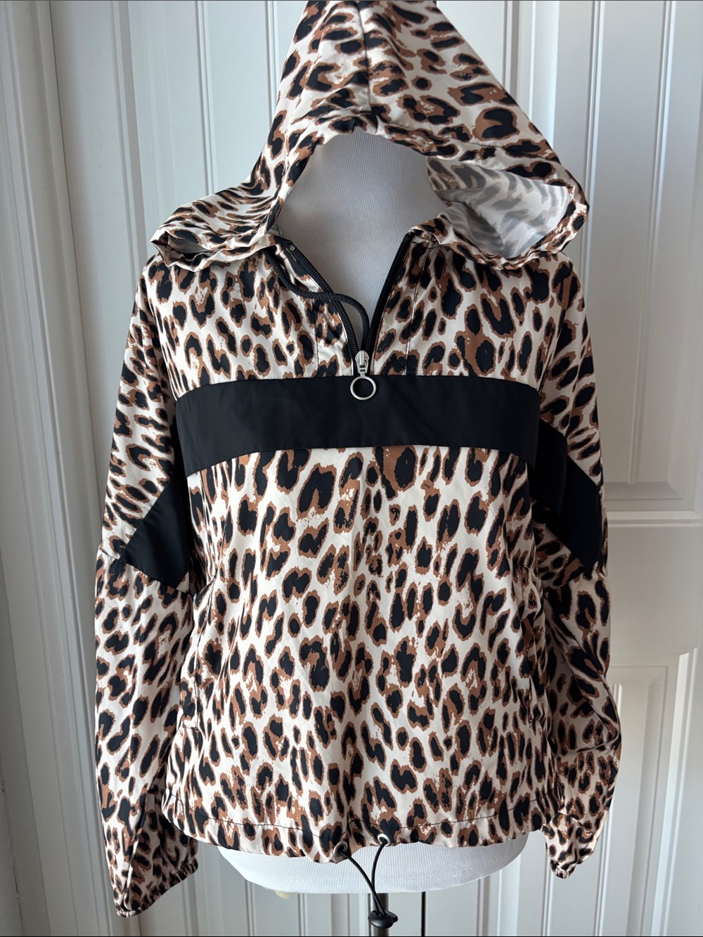 ZELOS Leopard Print Hooded Bomber Jacket with Black Band